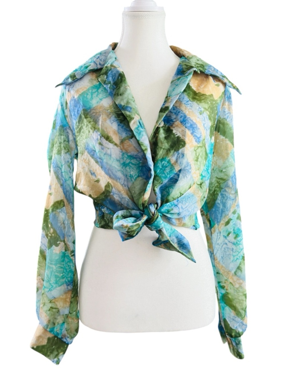 Vintage Lady Arrow Sheer Nylon Blouse Womens 12 Blue Green Watercolor Top